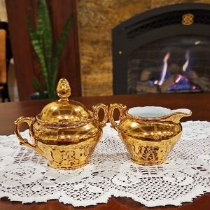 Stunning Gold-Plated Porcelain Cream & Lidded Sugar